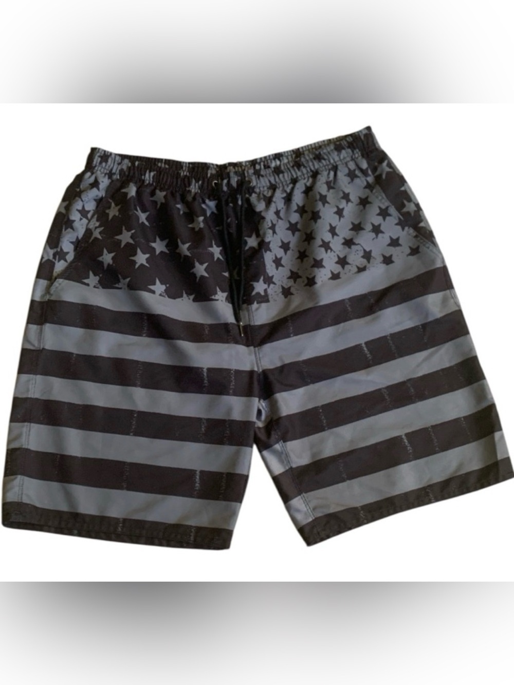 Patriotic Blackout American Flag Swim Trunks Distressed Stars Stripes